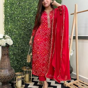 GoSriKi Women's Rayon Viscose Straight Bandhej Printed Kurta with Pant & Dupatta