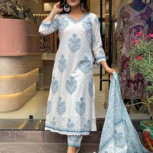 Nermosa Women Cotton Block Printed Kurta Pant With Dupatta